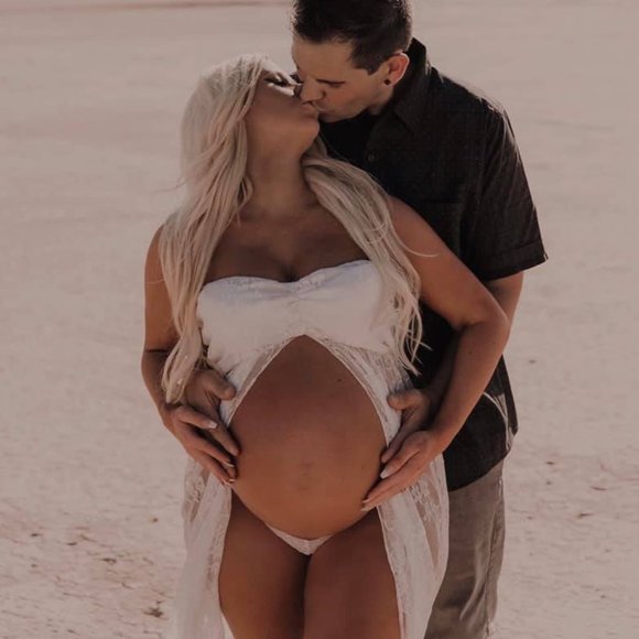 Strapless See Through Lace Maternity Photography Gown Split Front Dress SIZE M - Picture 2 of 5